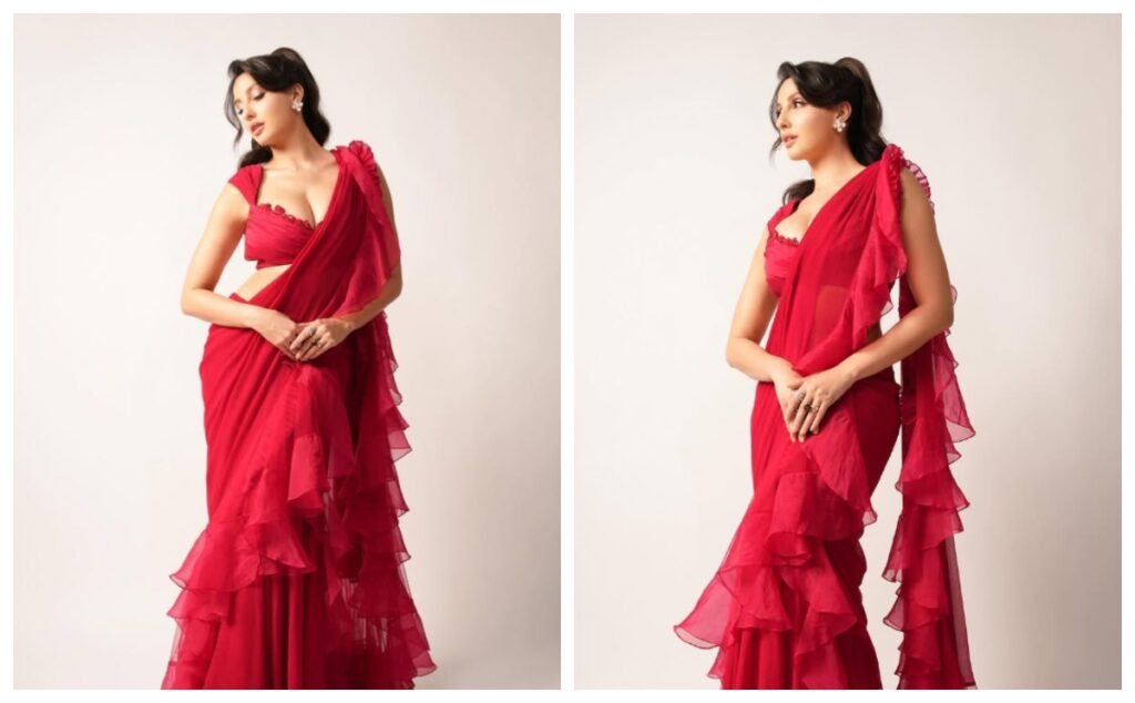 Nora Fatehi Latest Red Saree Collection - Live Times